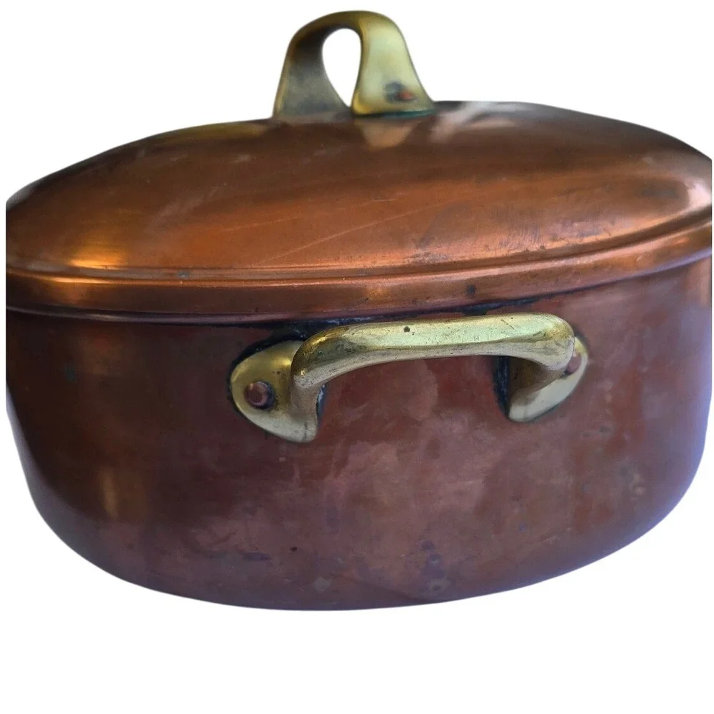 Henry Roessle & Son NY Antique Copper Casserole Pan Tin Lined Brass Handles Lid